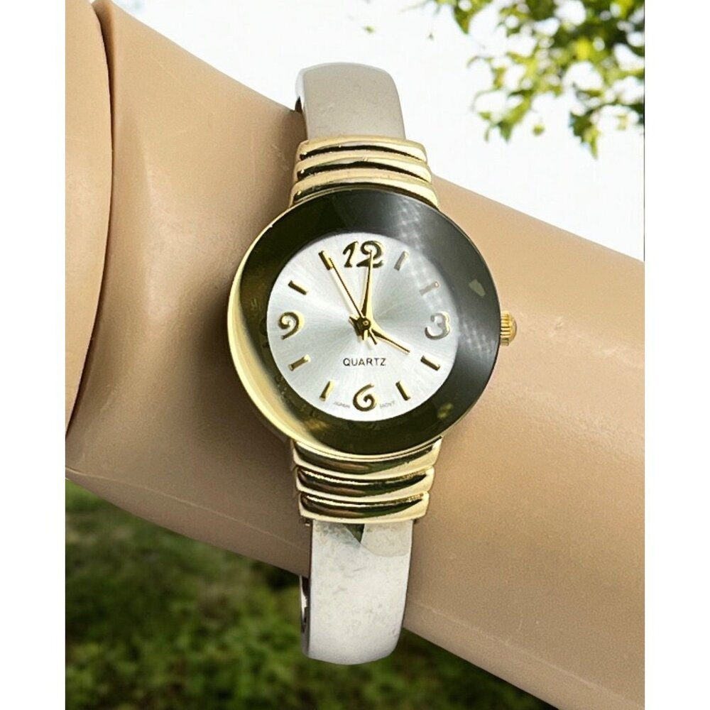 Vintage Gold and Silver Tone Cuff Watch Bangle Bracelet Quartz